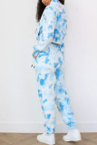 Blue Fashion Casual Street Plush Gradual Change Print Tie Dye Draw String Pocket Frenulum Tie-dye Pants Hooded Collar Long Sleeve Regular Sleeve Short Two Pieces
