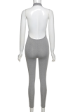 Pink Sexy Sportswear Solid Backless V Neck Skinny Jumpsuits