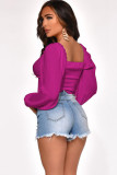 White V Neck Long Sleeve Patchwork crop top Solid