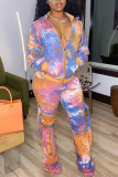 Orange Sportswear Print Tie-dye Zipper Collar Long Sleeve Two Pieces