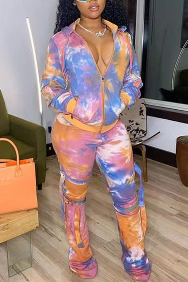 Orange Sportswear Print Tie-dye Zipper Collar Long Sleeve Two Pieces