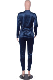 Royal blue Casual Solid Split Joint O Neck Long Sleeve Two Pieces