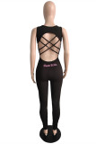 Black Sexy Casual Embroidery Backless O Neck Skinny Jumpsuits