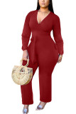 Red Fashion Sexy Solid Polyester Long Sleeve V Neck Jumpsuits