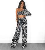 Black Elastic Fly Mid Print Loose Pants Two-piece suit