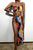 Rose Red Sexy Print Split Joint Swimwears Three Pieces