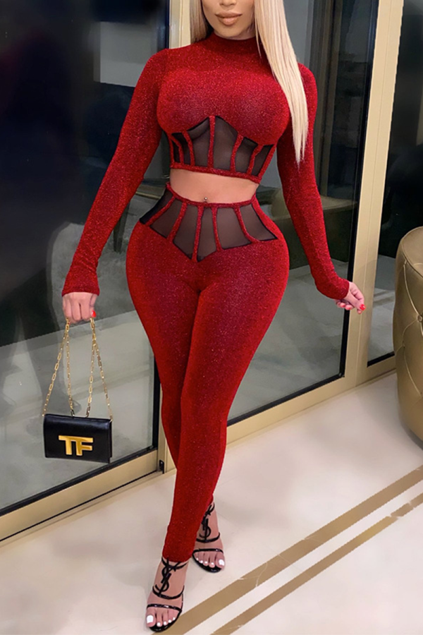 Wine Red Casual Solid Patchwork Mesh Half A Turtleneck Long Sleeve Two Pieces
