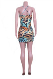 Gold Fashion Sexy Print Backless Strap Design V Neck Sling Dress