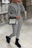Grey Casual Sportswear Patchwork Zipper Collar Two Pieces