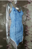 Deep Blue Fashion Sexy Solid Tassel Split Joint V Neck Sling Dress