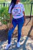 White Fashion Casual Letter Print Basic O Neck Tops