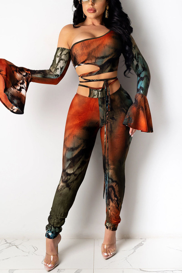 Orange Sexy Print Patchwork Flounce Oblique Collar Long Sleeve Two Pieces