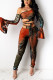 Orange Sexy Print Patchwork Flounce Oblique Collar Long Sleeve Two Pieces