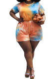 Orange Polyester Fashion adult Ma'am OL O Neck Print Tie Dye Plus Size