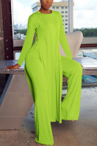 Green Fashion British Style Adult Polyester Solid Slit O Neck Long Sleeve Regular Sleeve Long Two Pieces