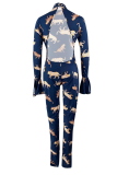 Blue Sexy Print Hollowed Out Half A Turtleneck Skinny Jumpsuits
