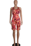 Red Sexy Hollow Asymmetrical Camouflage Backless Print Chemical fiber blend Sleeveless O Neck Rompers