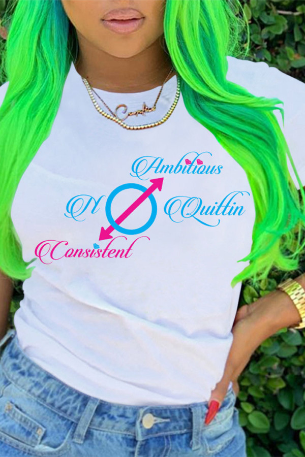 White Casual Print O Neck Tops
