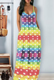 Red Fashion Sexy Spaghetti Strap Sleeveless Slip Pleated Floor-Length Print asymmetrical Patchwork