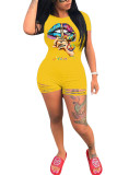 Yellow Fashion street Print Burn-out Short Sleeve O Neck Jumpsuits