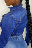 Deep Blue Fashion Casual Solid Basic Turndown Collar Long Sleeve Denim Coats
