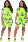 Fluorescent green Polyester Fashion Active adult Patchwork Print Character Two Piece Suits Straight Short Sleeve Two Pieces