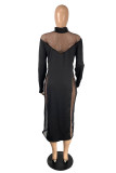 Black Fashion Plus Size Patchwork Hollowed Out See-through Turtleneck Long Sleeve Dresses