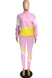 Light Pink Casual Striped Print Zippered Split Joint Mandarin Collar Long Sleeve Two Pieces