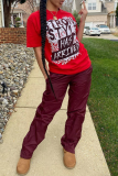 Red Street Print Letter O Neck Tops