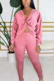 Pink Casual Solid V Neck Long Sleeve Regular Sleeve Two Pieces