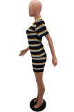 Black Fashion Casual Striped Print Basic O Neck Short Sleeve Two Pieces