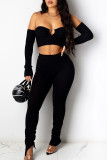 White Sexy Solid Patchwork Strapless Long Sleeve Short Two Pieces