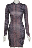 Black Street Print Patchwork O Neck Long Sleeve Mini Pencil Skirt Dresses