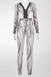 Black Sexy Print Patchwork V Neck Long Sleeve Two Pieces