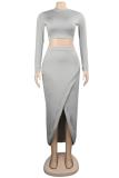 Grey Polyester Fashion Sexy Solid Two Piece Suits asymmetrical Slim fit crop top Split Skinny Long Sleeve