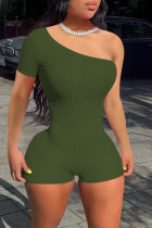 Army Green Sexy Casual Solid Backless Oblique Collar Skinny Romper