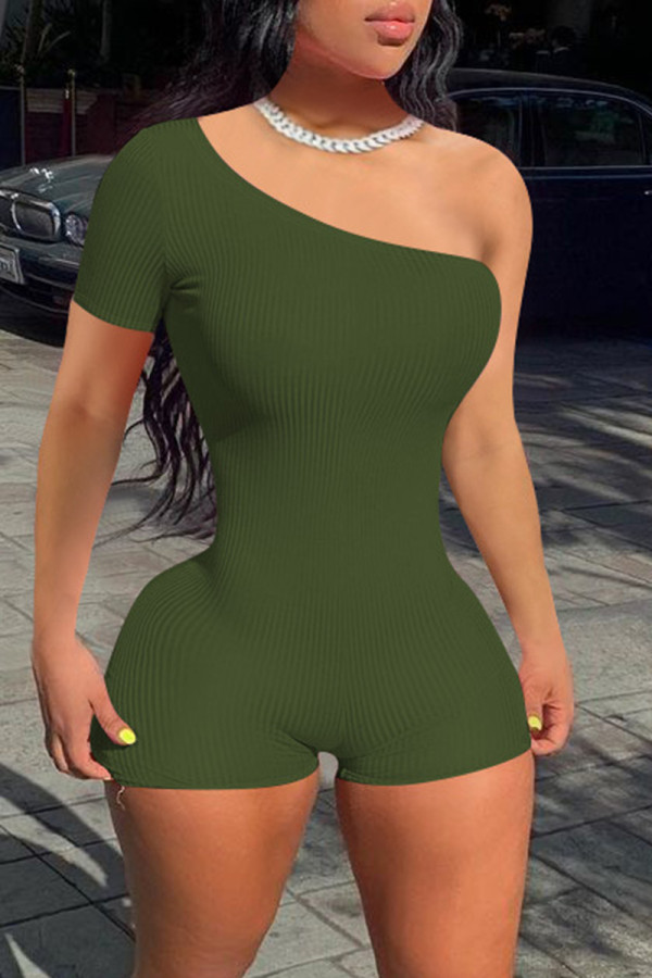 Army Green Sexy Casual Solid Backless Oblique Collar Skinny Romper