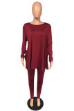 Wine Red Sportswear Polyester Striped O Neck Plus Size