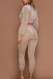 Pink Casual Solid Patchwork V Neck Long Sleeve Two Pieces