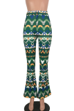 Green Casual Print Patchwork Boot Cut High Waist Speaker Bottoms