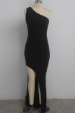 Black Polyester Sexy One Shoulder Sleeveless one shoulder collar Step Skirt Floor-Length Solid Patchwork