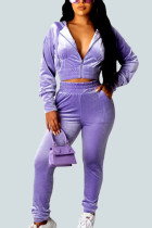purple Sexy Polyester Gradual Change Solid Split Joint Hooded Collar Long Sleeve Regular Sleeve Short Two Pieces