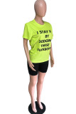 Fluorescent green Polyester Casual Letter Print Fluorescent Straight Short Sleeve Two Pieces