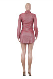 Red Fashion Sexy Solid Basic Turndown Collar Long Sleeve Dresses