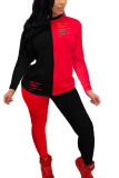 Red Fashion Casual Europe and America Patchwork Solid Burn-out pencil Long Sleeve Two Pieces