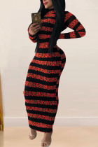 Red Fashion Street Adult Milk Fiber Patchwork Print Split Joint O Neck Long Sleeve Ankle Length One-piece Suits Dresses