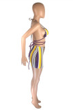 Purple Fashion Sexy Striped Print Backless Halter Sleeveless Two Pieces