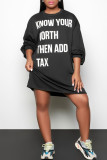 Black Fashion Casual Letter Print Basic O Neck Long Sleeve Dresses
