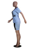 Pink Fashion Casual Letter Print Ripped Patchwork O Neck Short Sleeve Two Pieces
