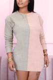 Pink Casual Daily Patchwork Solid Patchwork Basic O Neck Long Sleeve Mini Pencil Skirt Dresses